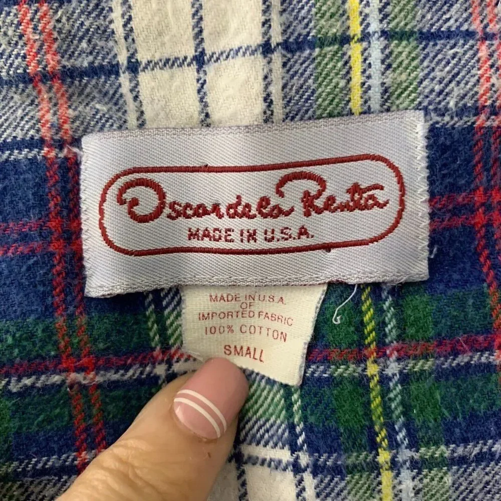 Vintage Mens Oscar de la Renta Nightshirt S Blue Plaid Pocket Button Long Sleeve